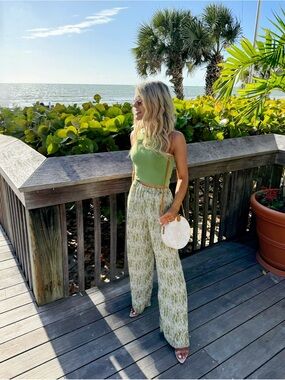 Green & White Patterned Wide-Leg Pants- SMALL